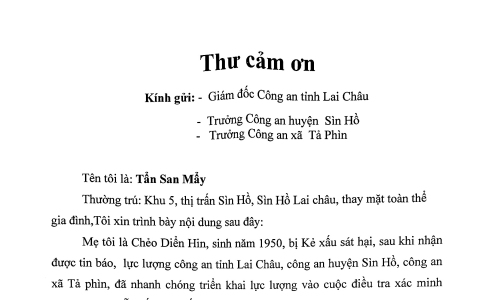 Lá thư đầy xúc động của đại diện gia đình bị hại gửi lực lượng Công an Lai Châu