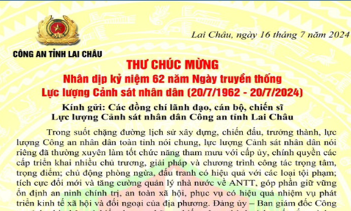 Giám đốc Công an tỉnh gửi thư chúc mừng nhân dịp kỷ niệm 62 năm Ngày truyền thống lực lượng CSND