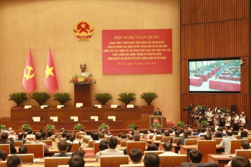 Hội nghị toàn quốc quán triệt, triển khai thực hiện Nghị quyết số 66 và Nghị quyết số 68 của Bộ Chính trị diễn ra theo hình thức trực tiếp và trực tuyến. Ảnh: Hải Nguyễn