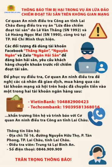 Thông báo tìm bị hại trong vụ án Lừa đảo chiếm đoạt tài sản trên không gian mạng