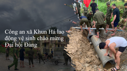 Công an xã Khun Há lao động vệ sinh chào mừng Đại hội Đảng