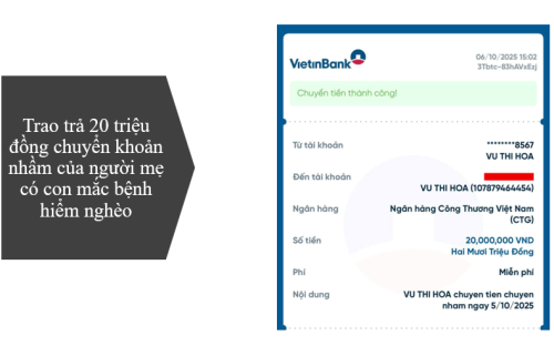 Trao trả 20 triệu đồng chuyển khoản nhầm của người mẹ có con mắc bệnh hiểm nghèo