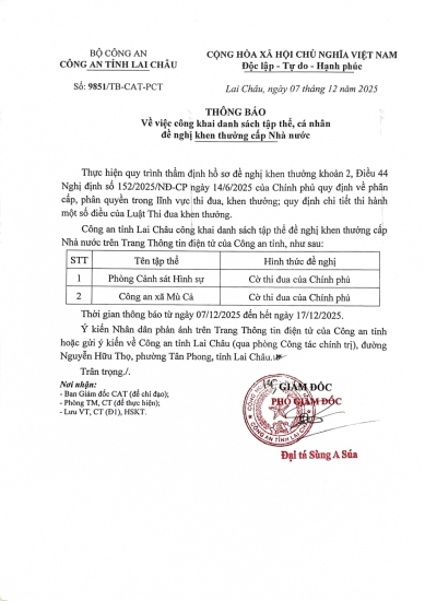 THÔNG BÁO VỀ VIỆC CÔNG KHAI DANH SÁCH TẬP THỂ, CÁ NHÂN ĐỀ NGHỊ KHEN THƯỞNG CẤP NHÀ NƯỚC