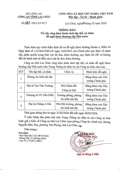 Thông báo về việc công khai danh sách tập thể, cá nhân đề nghị khen thưởng cấp Nhà nước