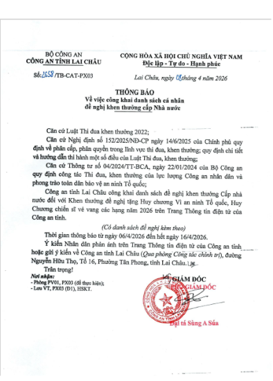 Công khai danh sách cá nhân đề nghị khen thưởng cấp Nhà nước