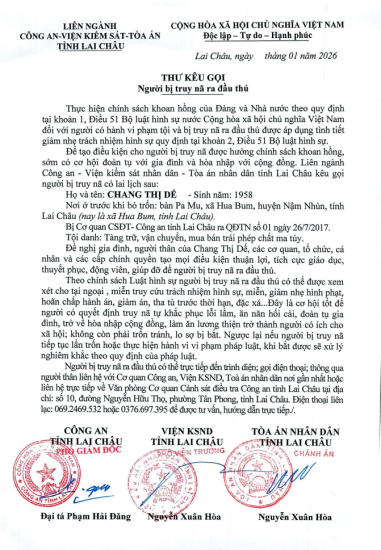 Thư kêu gọi người bị truy nã Chang Thị Dế ra đầu thú