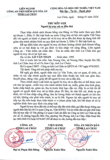 Thư kêu gọi người bị truy nã Lò Văn Toàn ra đầu thú