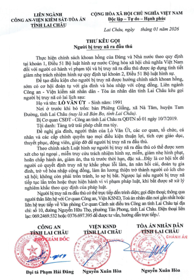 Thư kêu gọi Lò Văn Ứt ra đầu thú