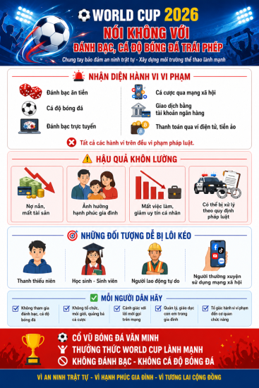 Tăng cường phòng, chống tổ chức đánh bạc, đánh bạc và cá độ bóng đá trái phép trong dịp World Cup 2026