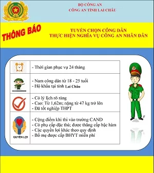 Công an tỉnh Lai Châu thông báo tuyển chọn công dân thực hiện nghĩa vụ tham gia Công an nhân dân năm 2023.