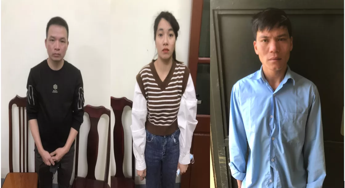 Từ trái qua phải: (1) Hoàng Trung L. (40 tuổi), trú tại Yên Dũng, Bắc Giang; (2) Nguyễn Thị T. (29 tuổi), trú tại Thủy Thủy Nguyên, Hải Phòng; Chang Xuân Q. (39 tuổi), trú tại Phong Thổ, Lai Châu