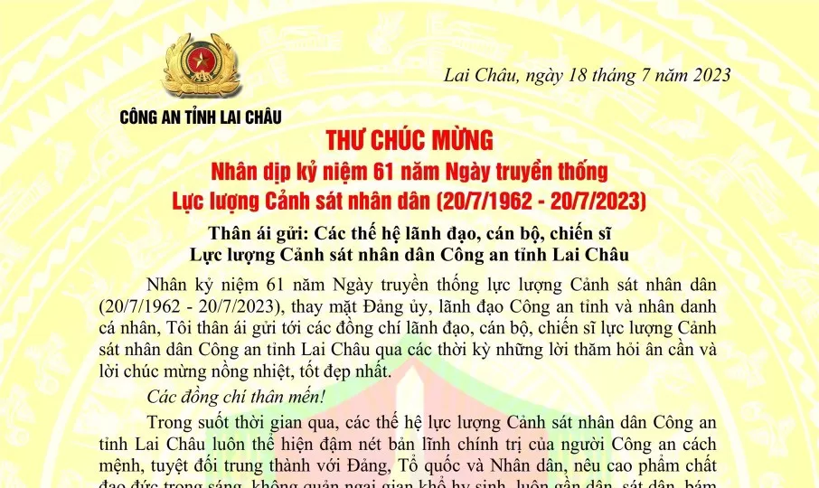 Thư chúc mừng nhân Ngày truyền thống lực lượng Cảnh sát nhân dân.