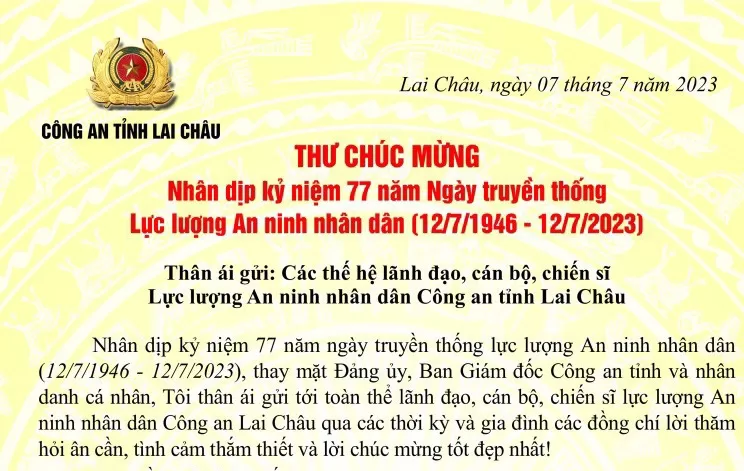 Thư chúc mừng nhân Ngày truyền thống lực lượng An ninh nhân dân.