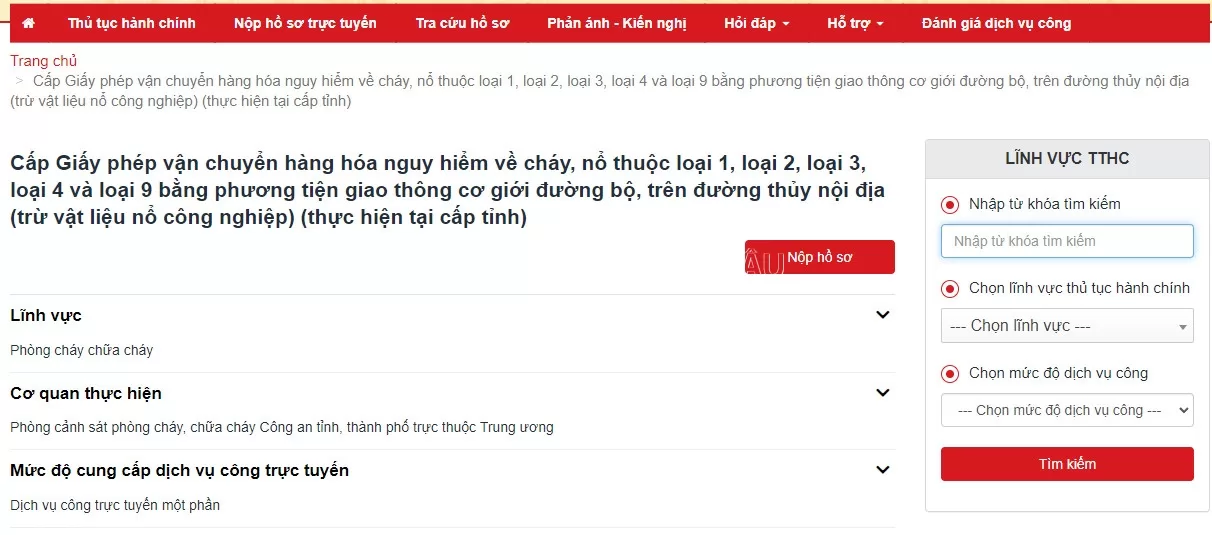 Hướng dẫn nộp hồ sơ Cấp Giấy phép vận chuyển hàng hóa nguy hiểm về cháy, nổ thuộc loại 1, loại 2, loại 3, loại 4 và loại 9 bằng phương tiện giao thông cơ giới đường bộ, trên đường thủy nội địa (trừ vật liệu nổ công nghiệp)