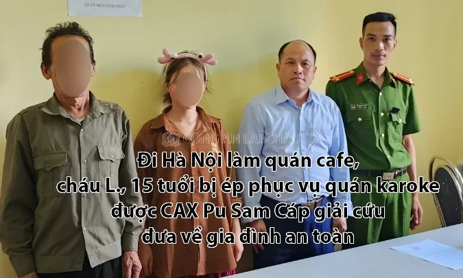 Công an xã Pu Sam Cáp đưa cháu L., 15 tuổi về với gia đình an toàn