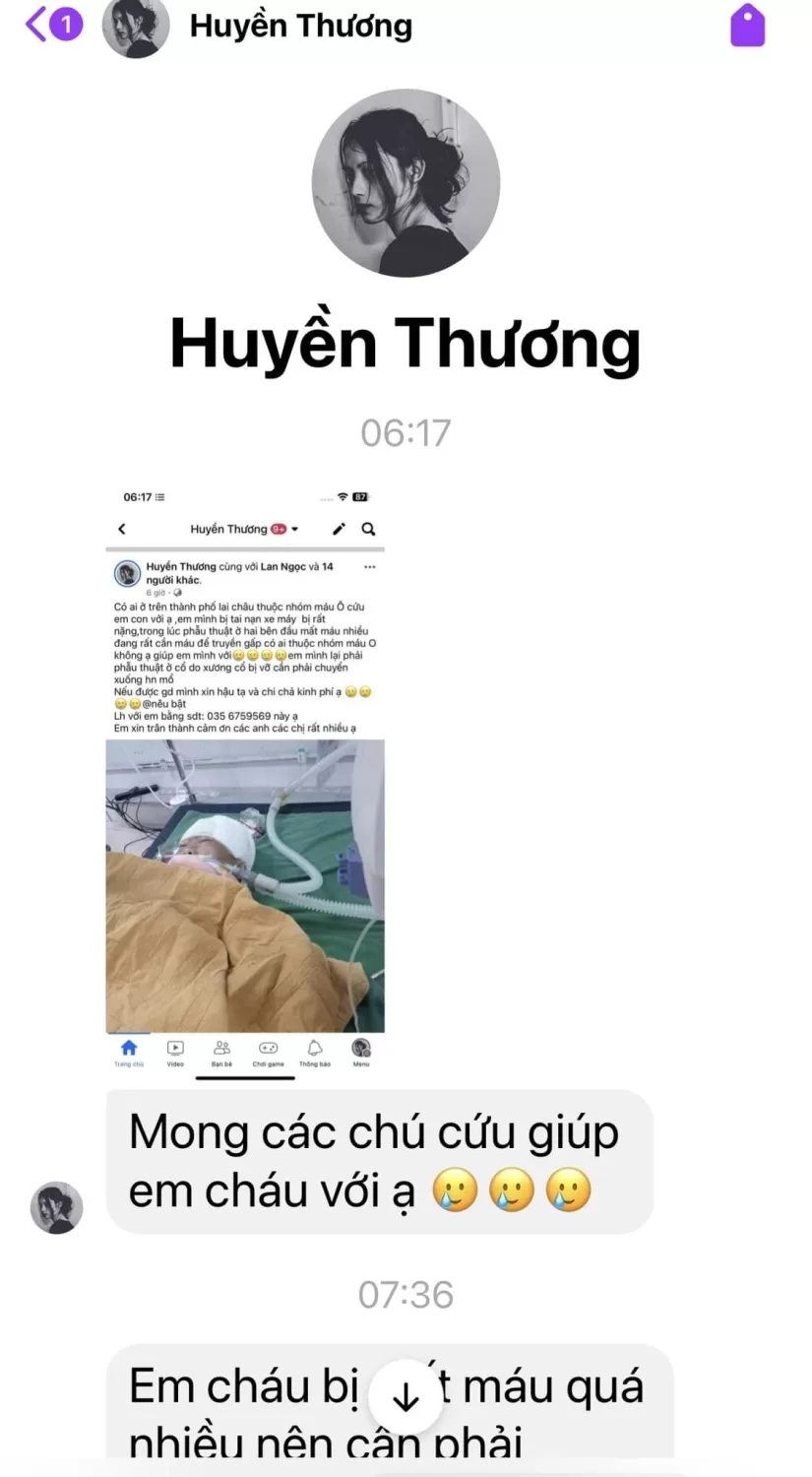 Có thể là hình ảnh về 1 người và văn bản cho biết 'Huyền Thương Huyền Thương 06:17 06:17 dkk 1 Mong các chú cứu giúp em cháu với ạ 07:36 Em cháu bị tmáu quá nhiều nên cân phải'