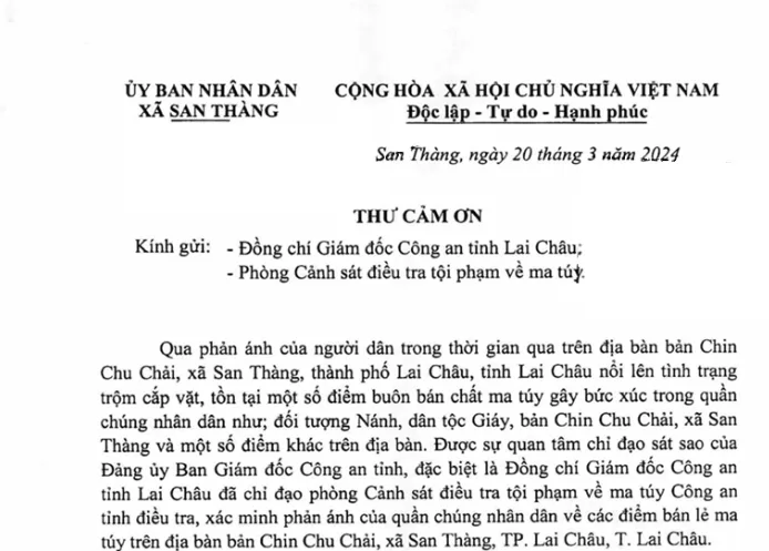 Chủ tịch UBND xã gửi thư cảm ơn lực lượng Công an triệt xóa điểm bán lẻ ma túy