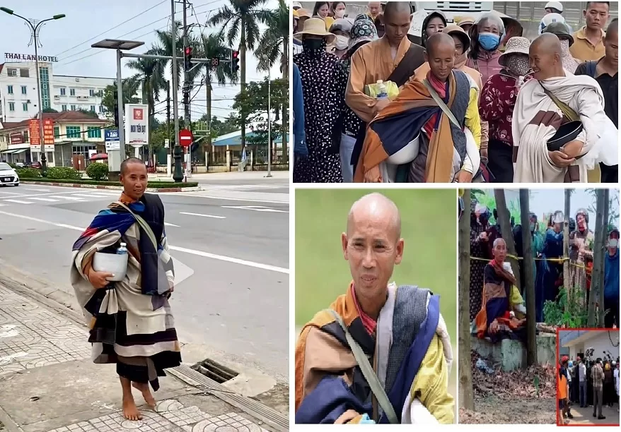 Ảnh: Thích Minh Tuệ trước và sau khi bị đám đông hiếu kỳ theo sát