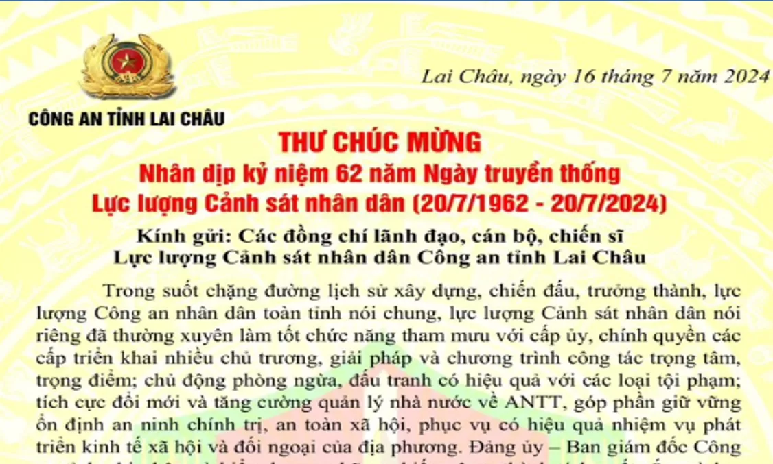 Giám đốc Công an tỉnh gửi thư chúc mừng nhân dịp kỷ niệm 62 năm Ngày truyền thống lực lượng CSND