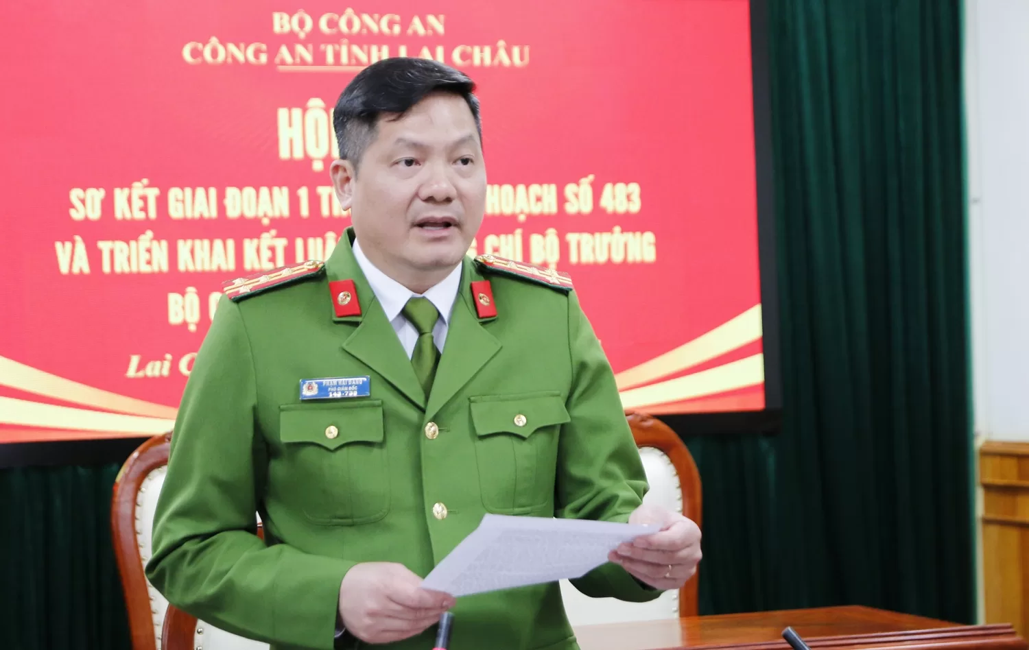 Đại tá Phạm Hải Đăng Phó Giám đốc Công an tỉnh phát biểu chỉ đạo tại Hội nghị