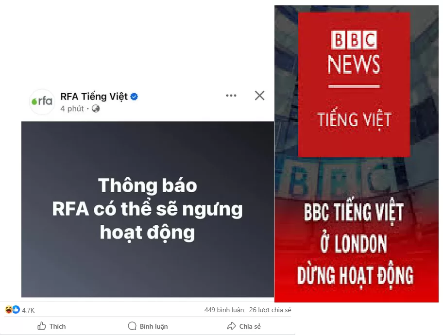 Ảnh: RFA với dòng trạng thái đăng trên Facebook và BBC Tiếng Việt ngừng hoạt động từ năm 2022