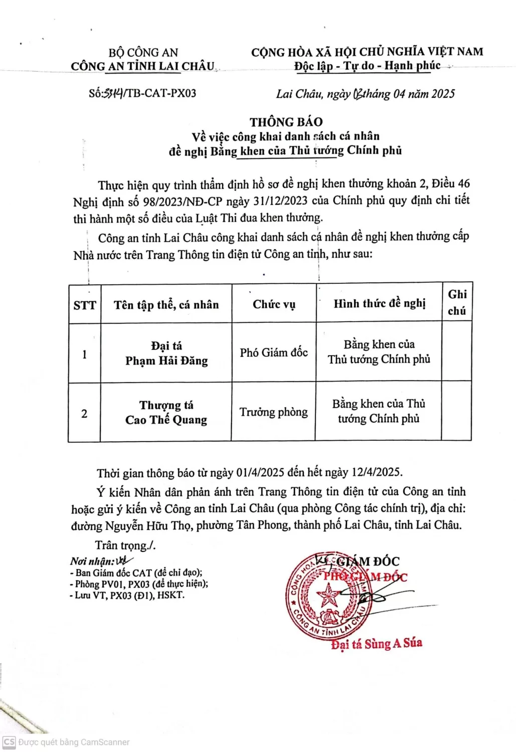 Thông báo về việc công khai danh sách cá nhân đề nghị Bằng khen của Thủ tướng Chính phủ và đề nghị Huân chương Bảo vệ Tổ quốc Hạng Ba