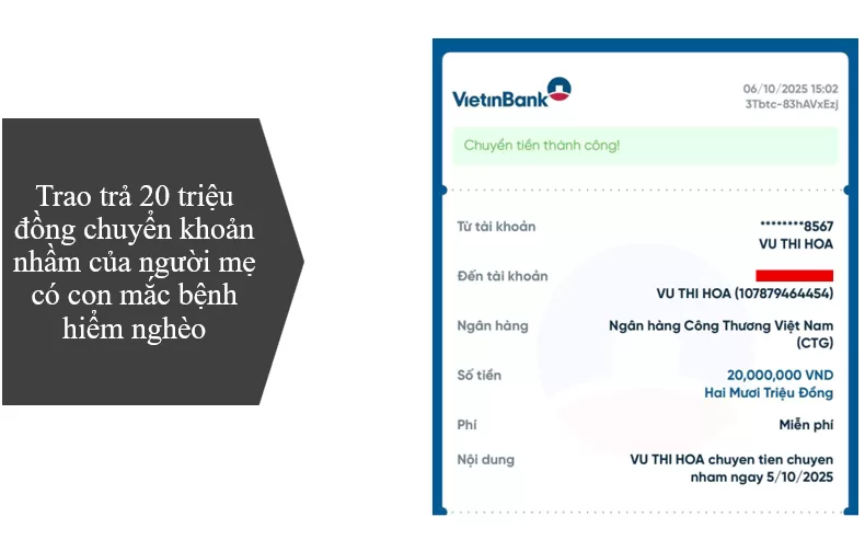 Trao trả 20 triệu đồng chuyển khoản nhầm của người mẹ có con mắc bệnh hiểm nghèo