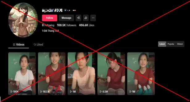 Hình ảnh tài khoản tiktok dùng trí tuệ nhân tạo (AI) giả danh người khuyết tật lợi dụng sự thương hại của người khác để bán hàng