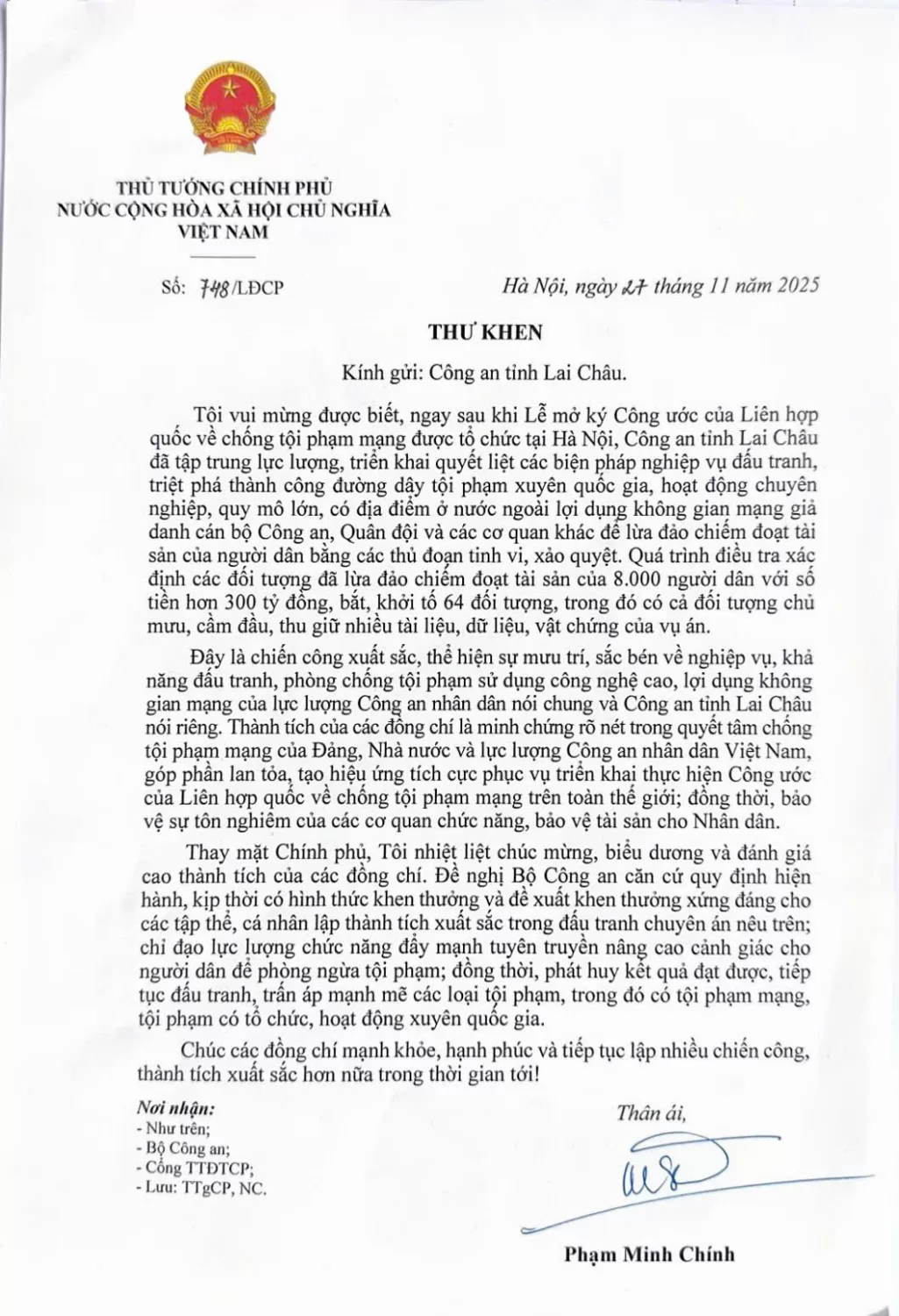 Thủ tướng Chính phủ gửi Thư khen Công an tỉnh Lai Châu về chiến công triệt phá đường dây lừa đảo xuyên quốc gia hơn 300 tỷ đồng