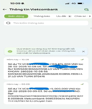 Thông báo giao dịch chuyển khoản đến tài khoản của anh Tuân