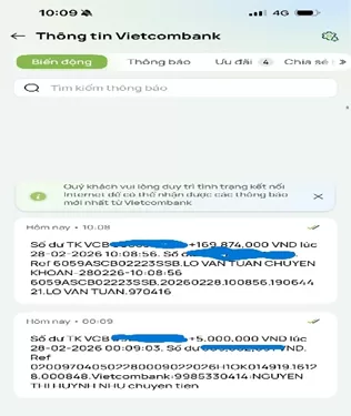 Thông báo giao dịch chuyển khoản đến tài khoản của anh Tuân