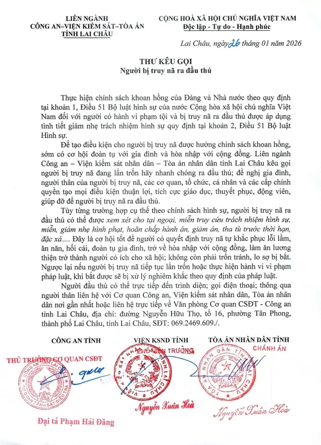 Thư kêu gọi người bị truy nã ra đầu thú
