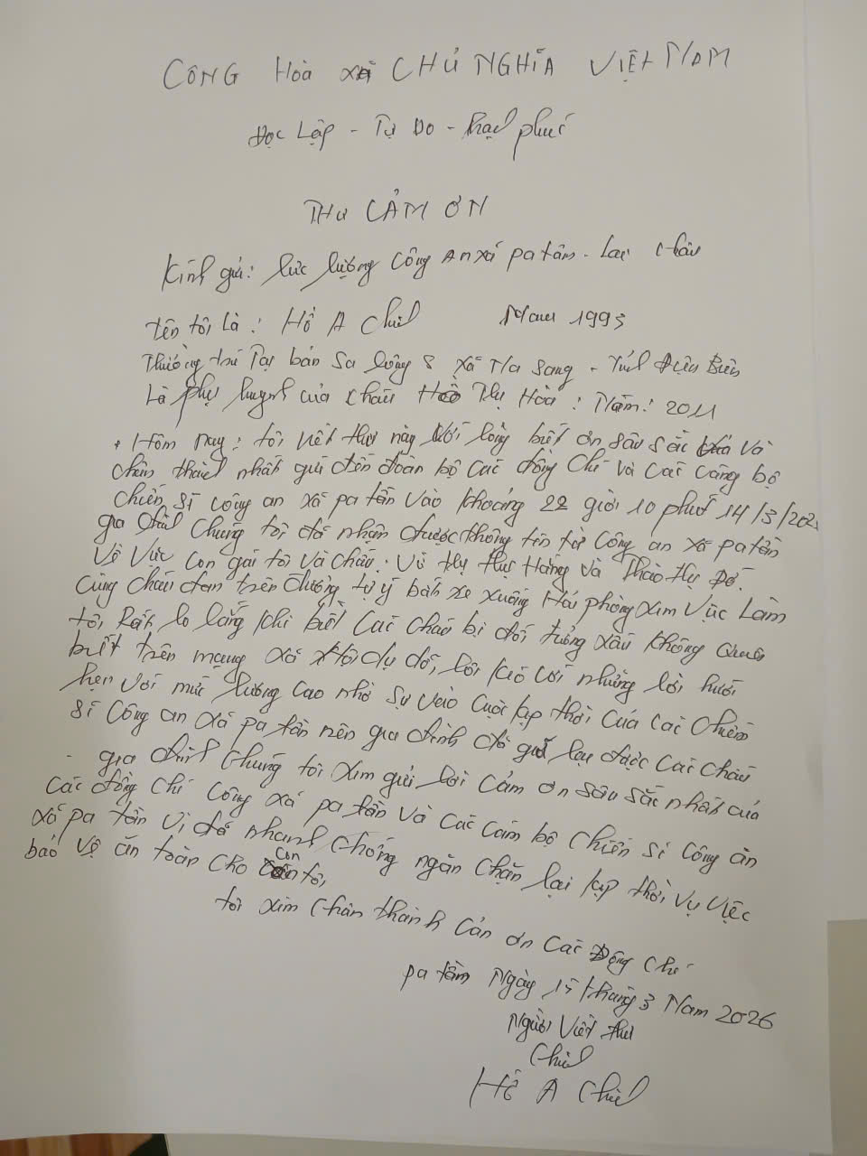 Thư cảm ơn của anh Hồ A Chinh, bố của cháu Hồ Thị Hòa gửi tới lực lượng CAX Pa Tần