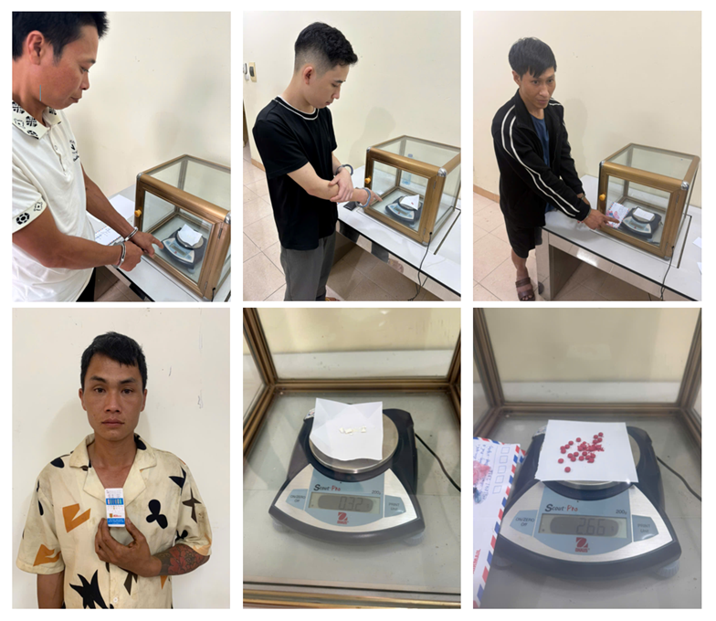 Các đối tượng cùng tang vật ma túy được phát hiện, thu giữ tại cơ quan Công an