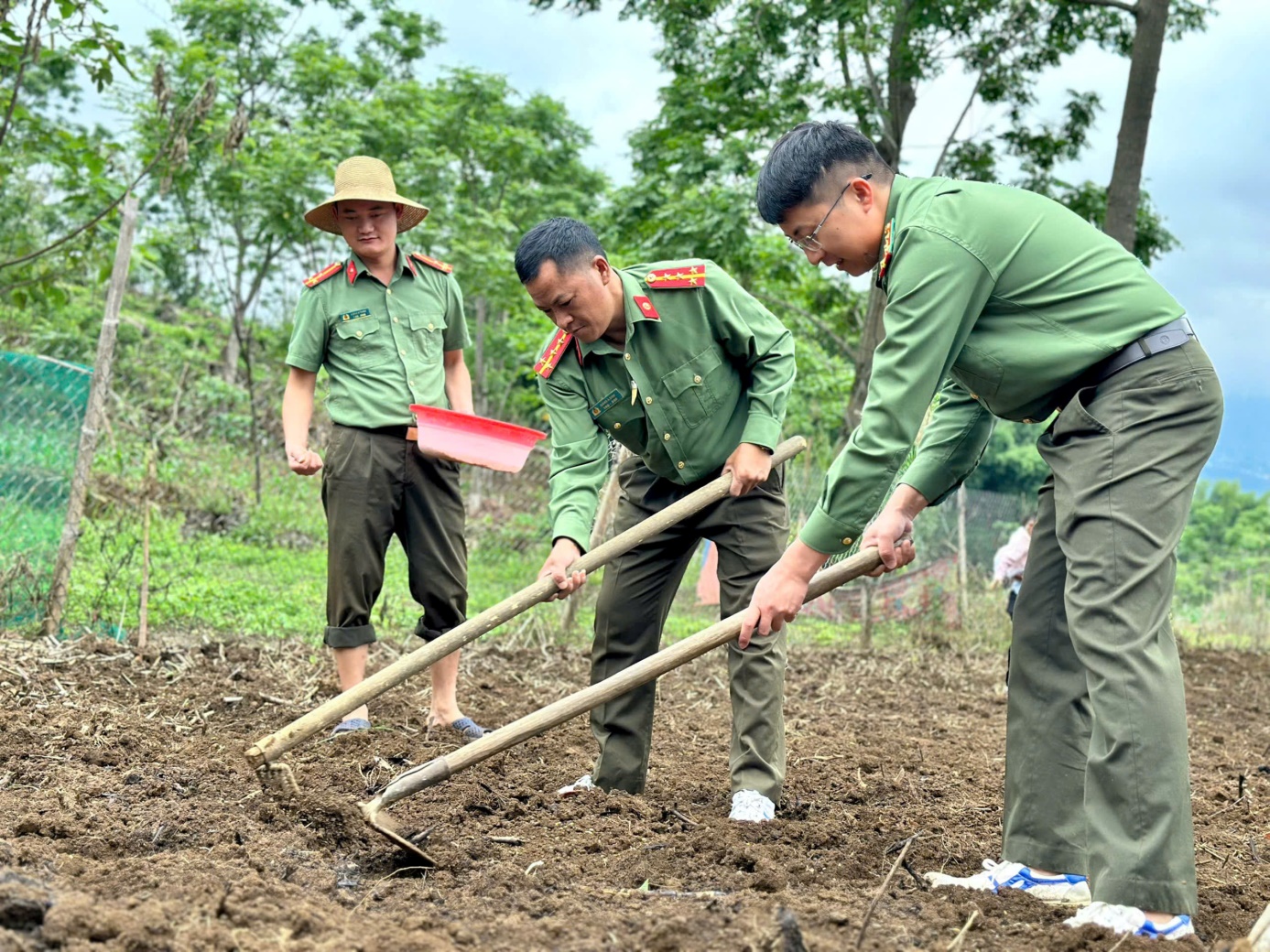 cán bộ, chiến sĩ Đội An ninh dân tộc giúp bà con san luống