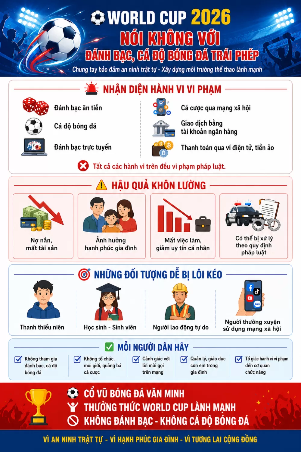 Tăng cường phòng, chống tổ chức đánh bạc, đánh bạc và cá độ bóng đá trái phép trong dịp World Cup 2026