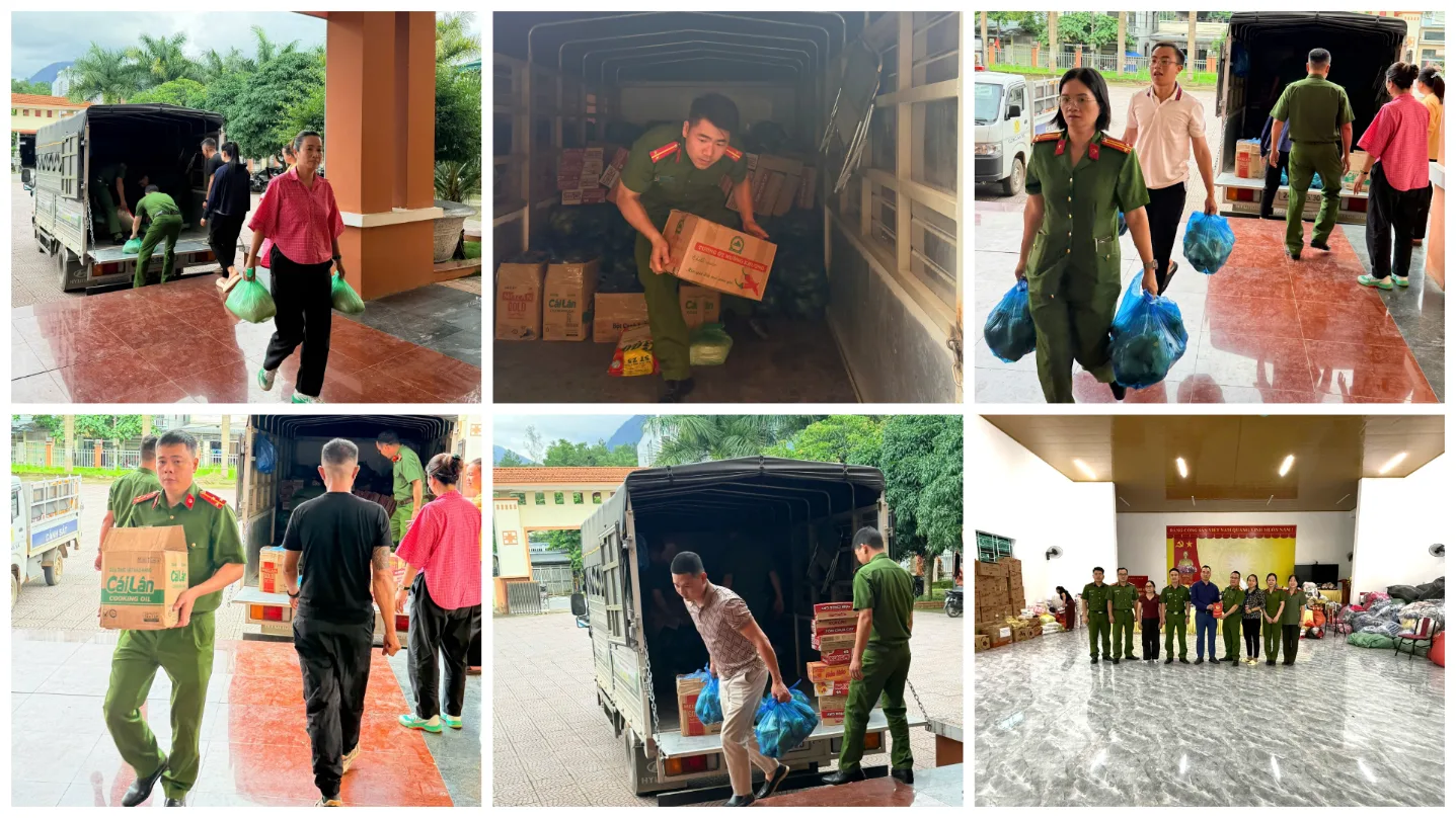 Công an xã Than Uyên trao kinh phí ủng hộ của CBCS quyên góp và nhu yếu phẩm từ HTX Hoa Đào cho Ủy ban MTTQ Việt Nam xã Mường Than hỗ trợ Nhân dân bị ảnh hưởng do lũ quét.