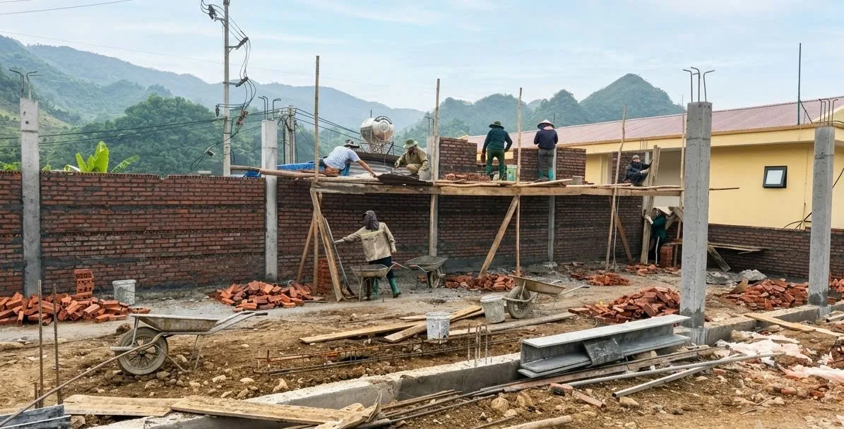 Rộn ràng trên công trường xây dựng trụ sở Công an xã Sin Suối Hồ