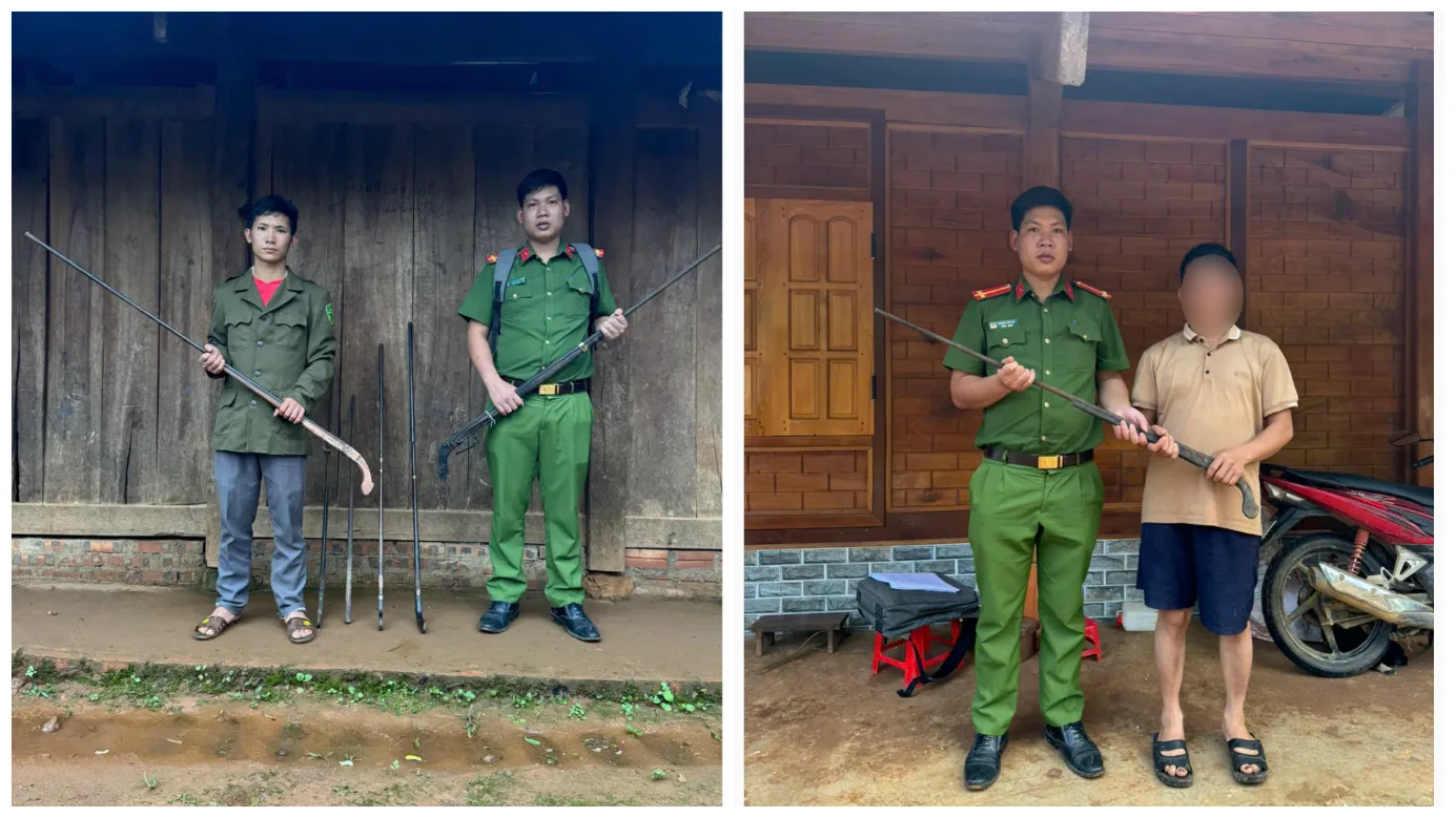 Cán bộ Công an xã phối hợp lực lượng ANCS tại địa bàn thu hồi súng kíp tự chế