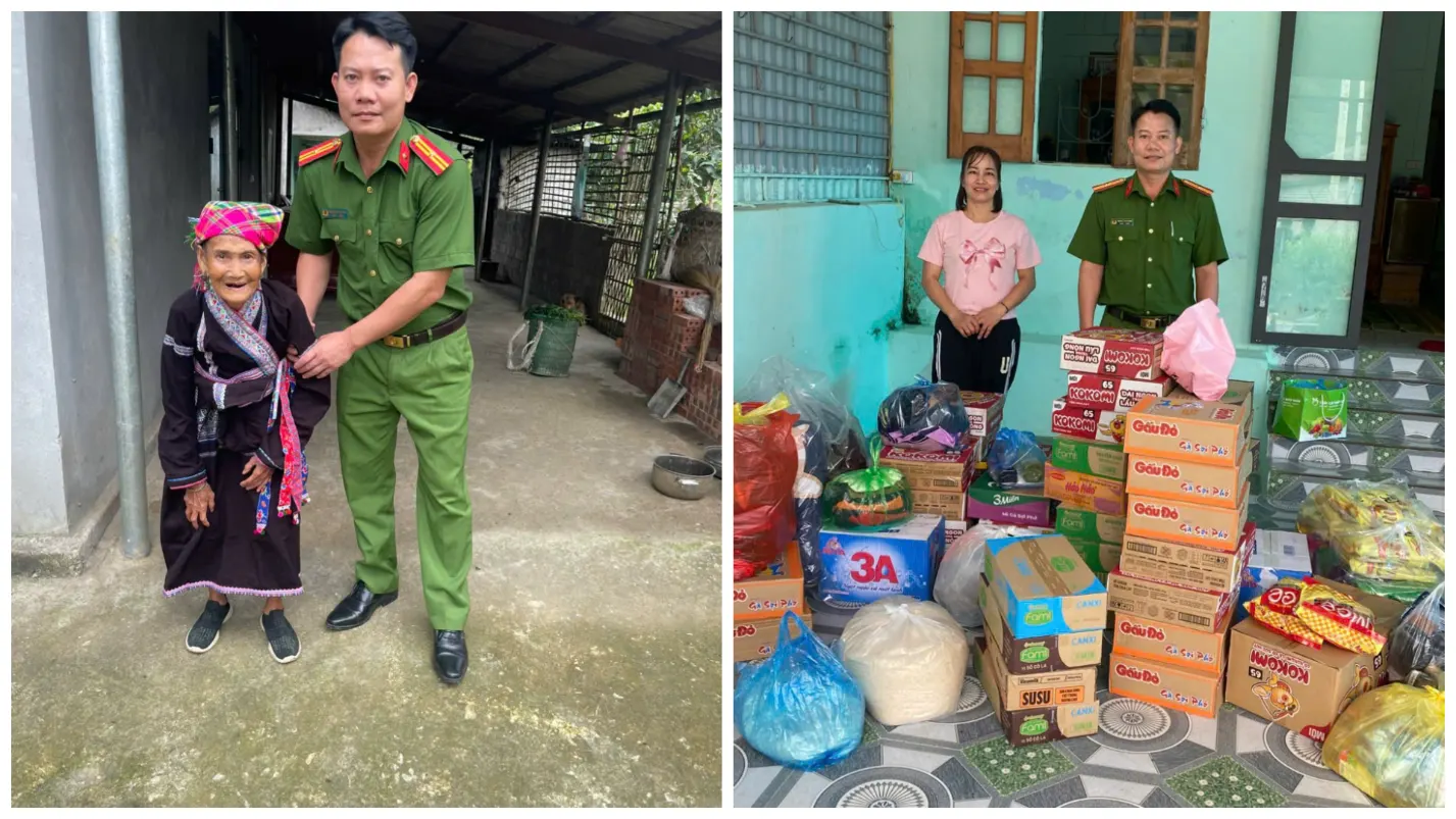 Cán bộ Công an xã Mường Khoa cùng gia đình trao nhu yếu phẩm hỗ trợ người dân vùng lũ xã Mường Than