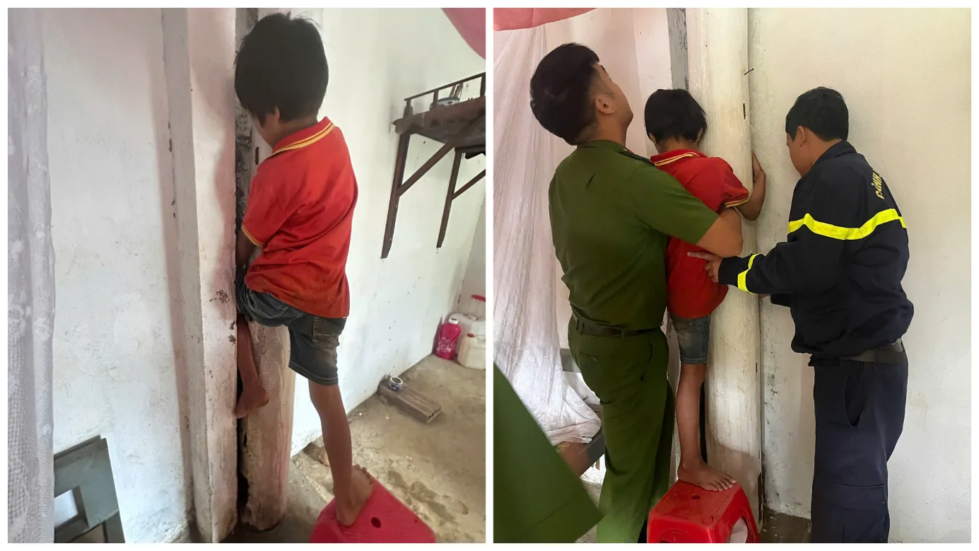 Cháu bé bị kẹt chân vào khe hở giữa cột và tường nhà
