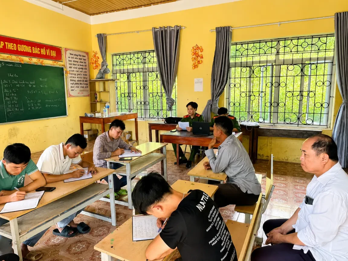 Cán bộ Công an xã Nậm Cuổi tuyên truyền công tác xây dựng địa bàn không ma túy đến người dân tại bản Nậm Lốt, xã Nậm Cuổi, tỉnh Lai Châu.
