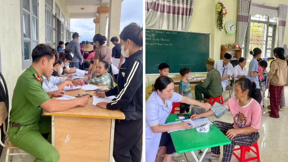 Cán bộ Công an xã tham gia hỗ trợ người dân thực hiện khám sức khoẻ