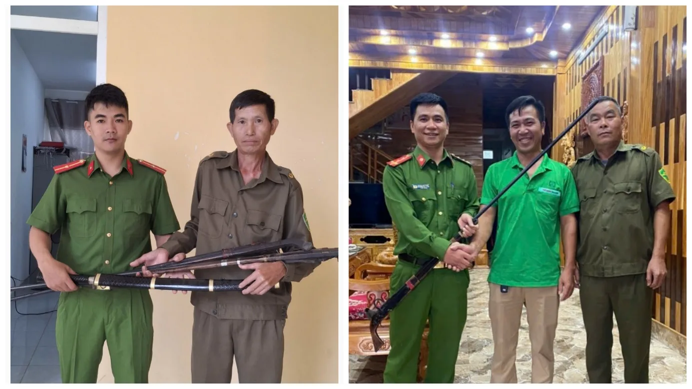 Cán bộ Công an xã Than Uyên và lực lượng tham gia bảo vệ an ninh trật tự ở cơ sở tiếp nhận súng kíp tự chế do người dân tự nguyện giao nộp.