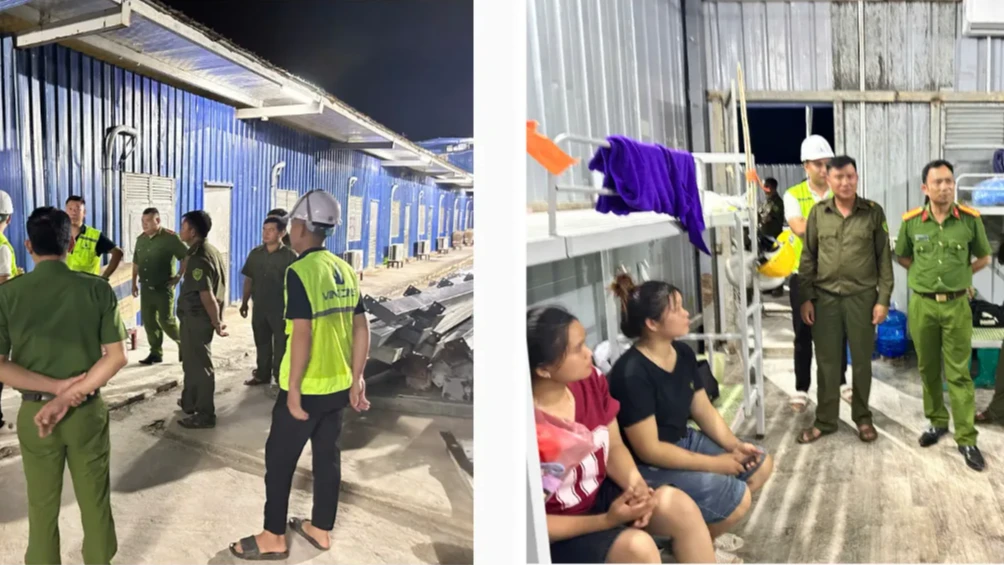 Lực lượng Công an xã Mường Kim kiểm tra cư trú, lưu trú và tuyên truyền pháp luật cho công nhân tại khu nhà ở của doanh nghiệp trên địa bàn xã.