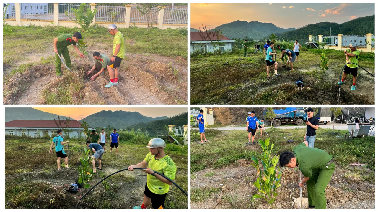Đoàn viên, thanh niên Công an xã trồng cây xung quanh đơn vị