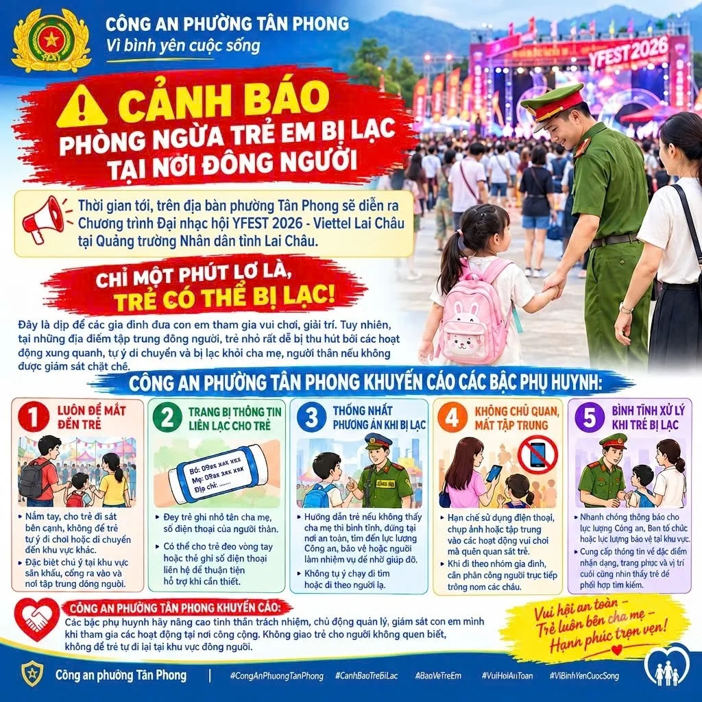 Công an phường Tân Phong khuyến cáo người dân chủ động phòng ngừa tình trạng trẻ em bị lạc tại nơi đông người.