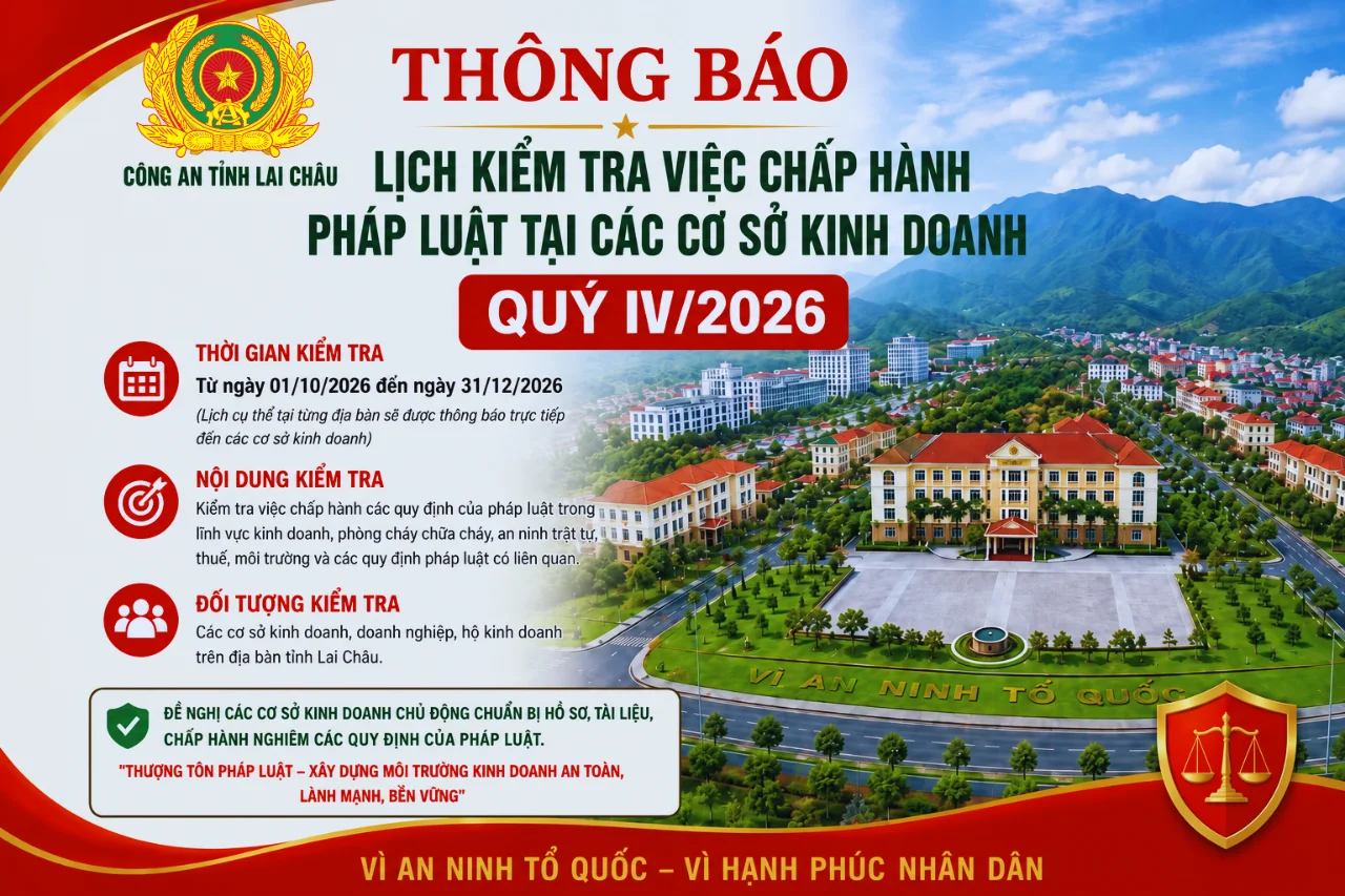 Thông báo lịch kiểm tra việc chấp hành pháp luật tại các cơ sở kinh doanh Quý IV/2026