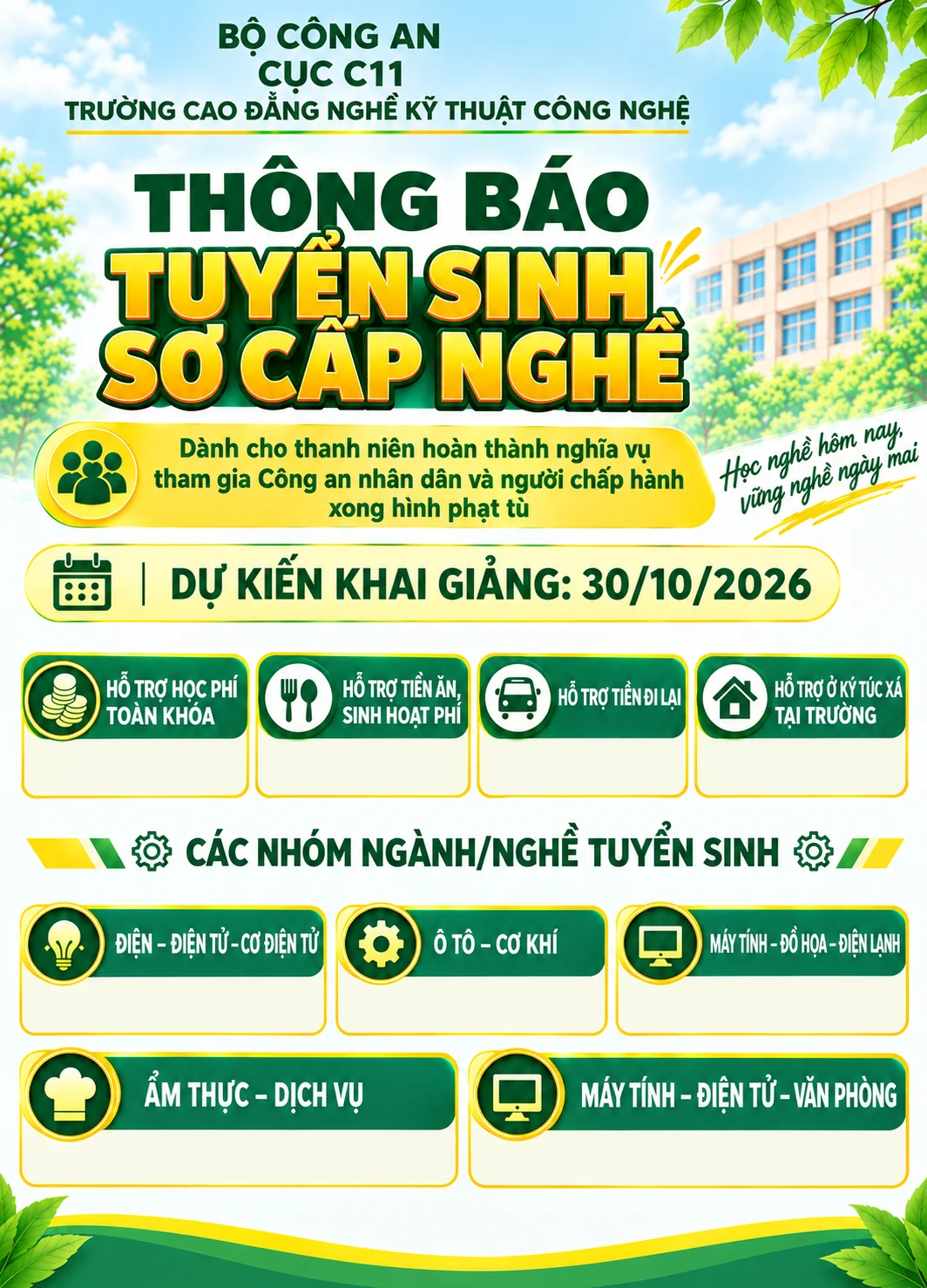 Thông báo tuyển sinh học nghề cho thanh niên hoàn thành nghĩa vụ tham gia Công an nhân dân và người CHXAPT