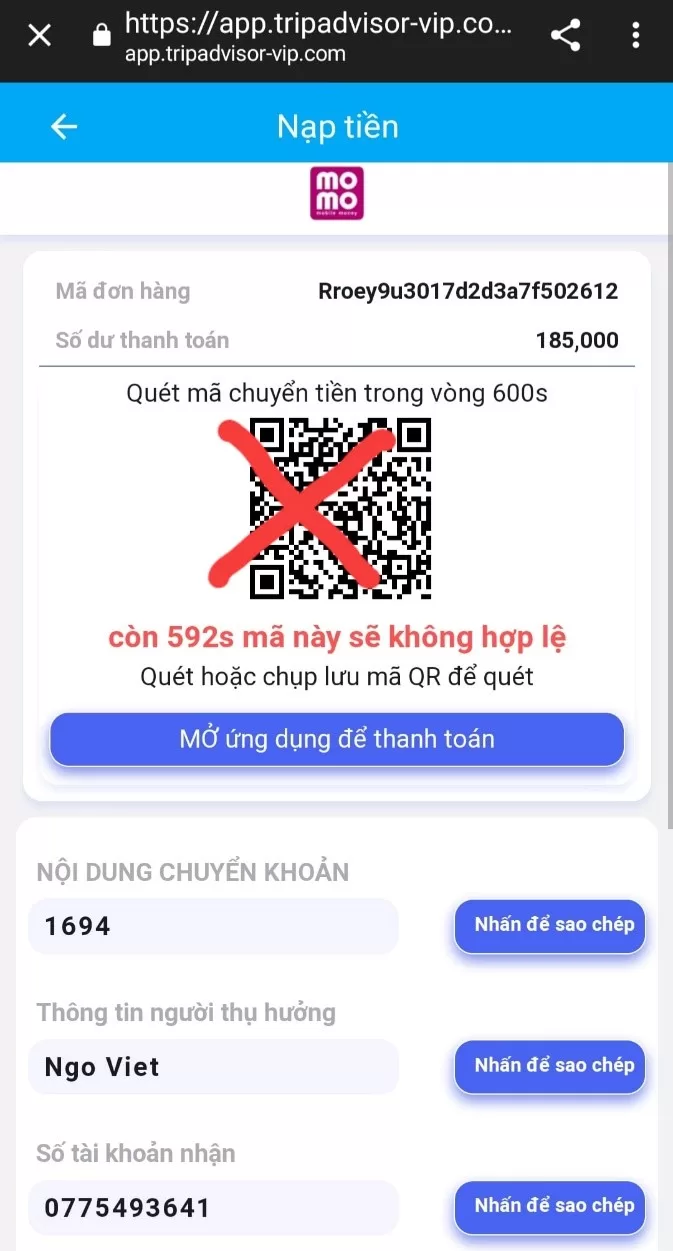 Giao diện trang web giả mạo công ty du lịch 'TripAdvisor'. Các đối tượng đánh cắp thông tin cá nhân của nạn nhân để nắm bắt, nghiên cứu thủ đoạn lừa đảo đánh vào tâm lý muốn kiếm tiền nhanh của nạn nhân và yêu cầu bị hại quét mã để chuyển tiền vào tài khoản của đối tượng./.